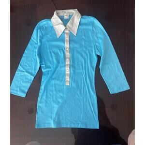 Herion Women Polo Shirt Blue & Beige 6 Button Made In Italy 100% Cotton Size 44